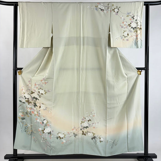 訪問服 身長155cm 袖長61cm S 雙層 菊花 梅花 金銀彩 漸層 灰綠 純蠶絲 秀品級