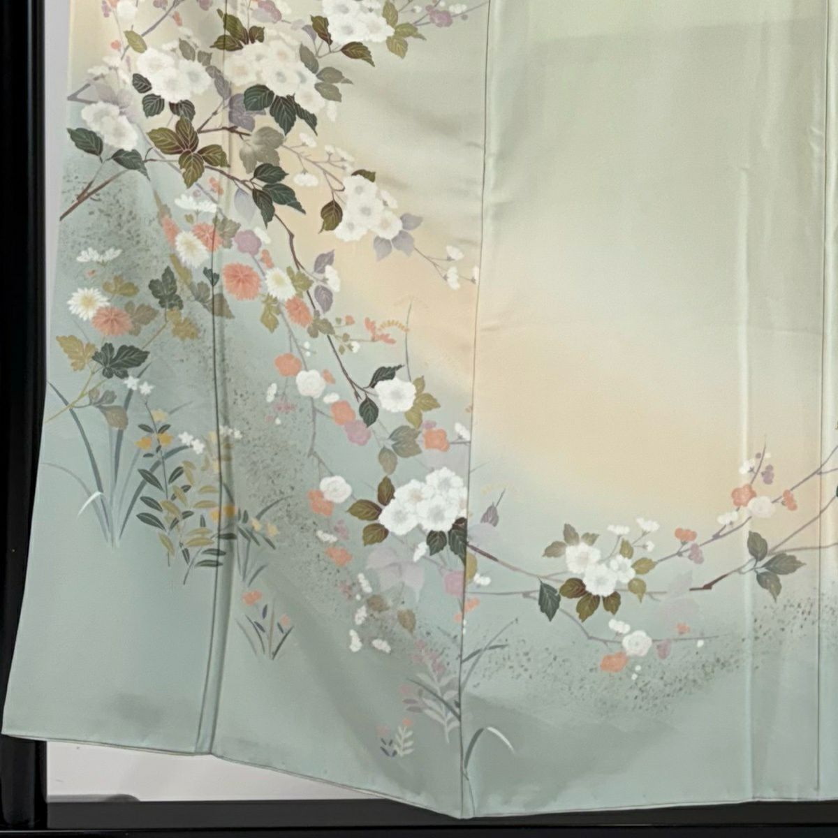 訪問服 身長155cm 袖長61cm S 雙層 菊花 梅花 金銀彩 漸層 灰綠 純蠶絲 秀品級