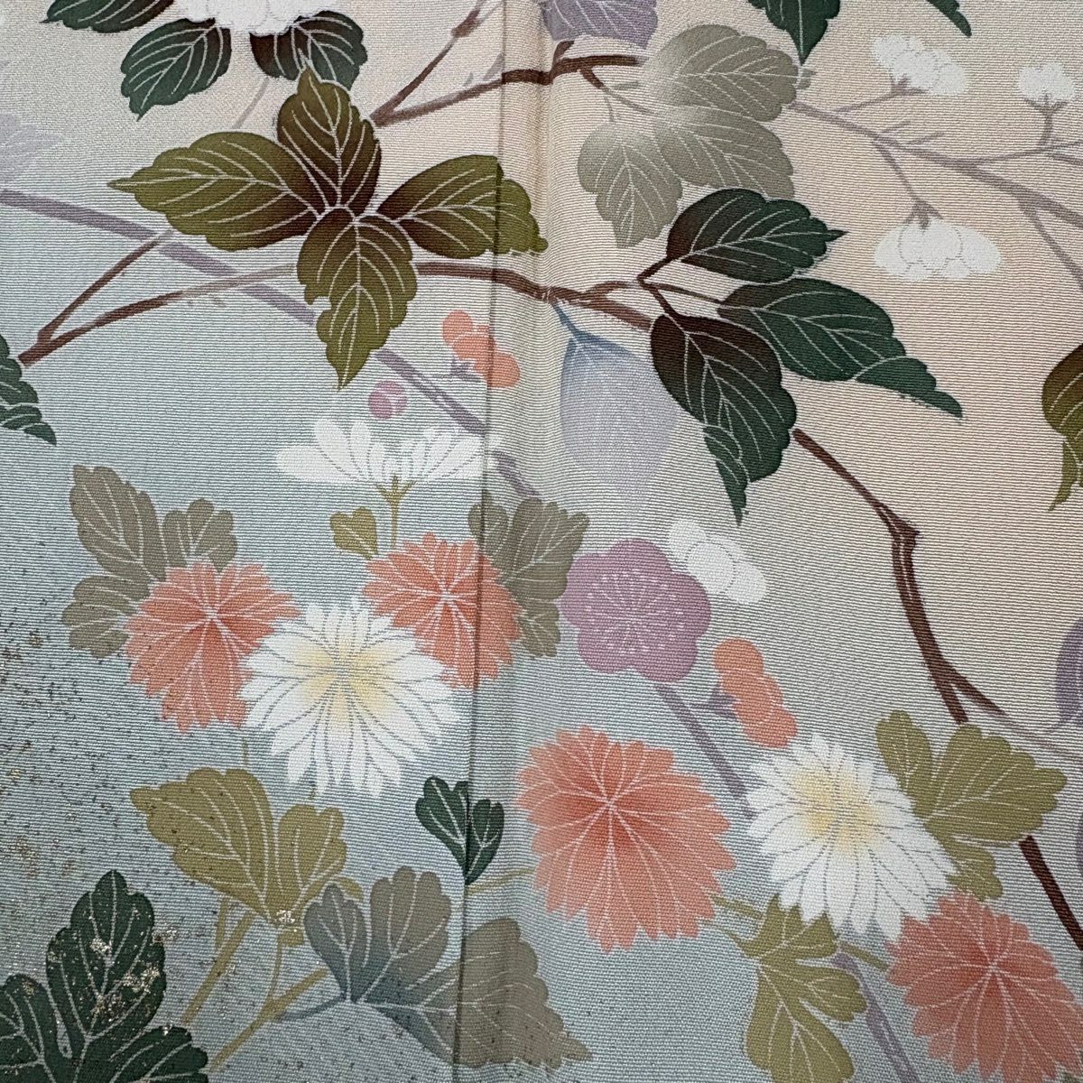 訪問服 身長155cm 袖長61cm S 雙層 菊花 梅花 金銀彩 漸層 灰綠 純蠶絲 秀品級
