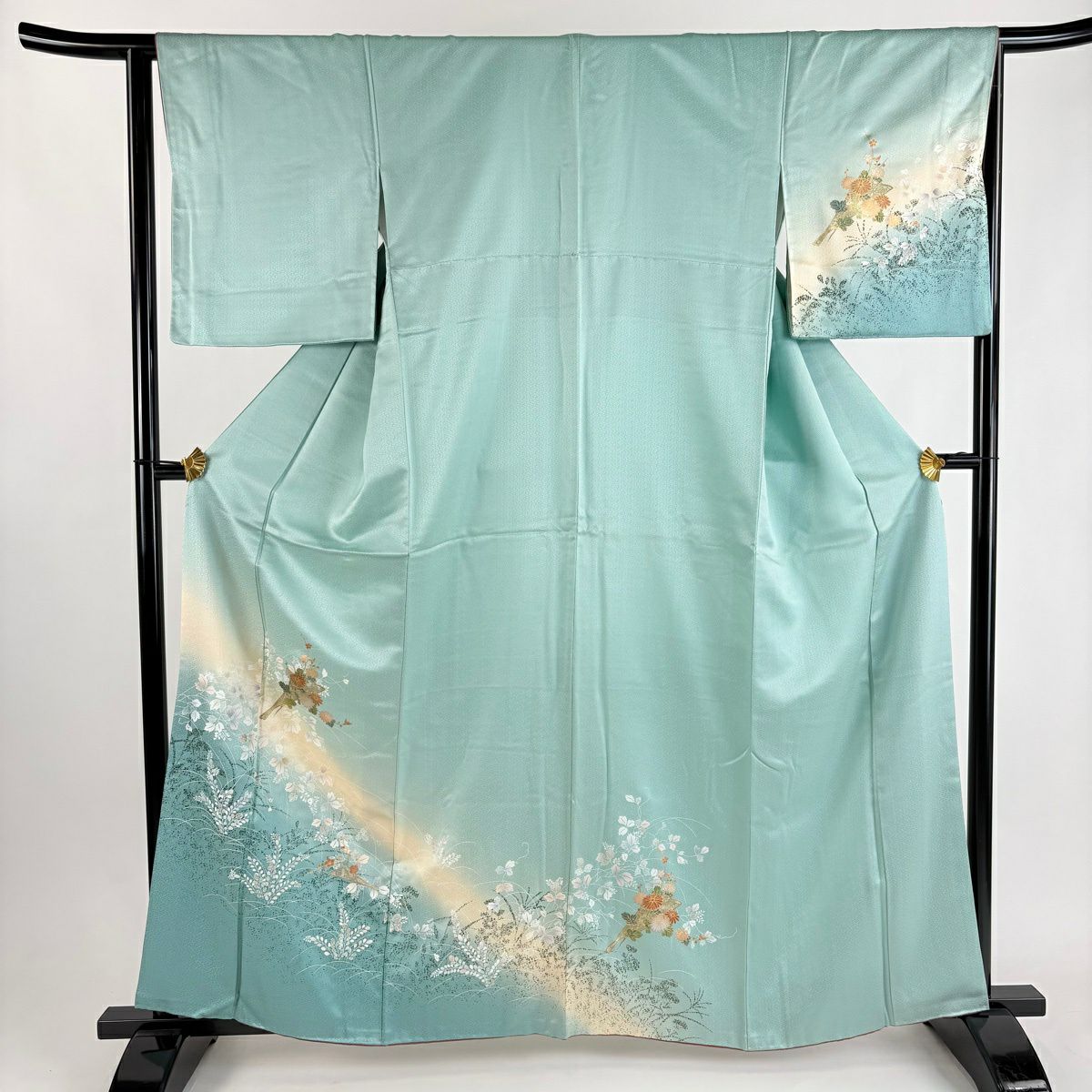 付下 身長161.5cm 袖長65cm M 雙層 花扇子 草花紋紋 金銀彩 漸層 淺綠 純蠶絲 優品級