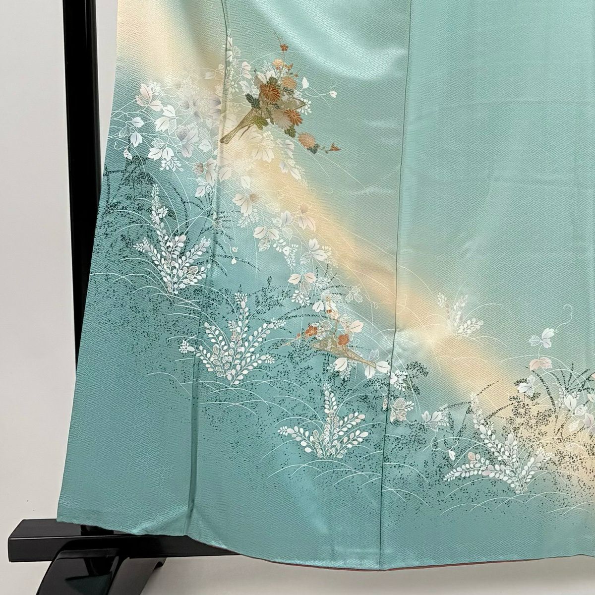 付下 身長161.5cm 袖長65cm M 雙層 花扇子 草花紋紋 金銀彩 漸層 淺綠 純蠶絲 優品級