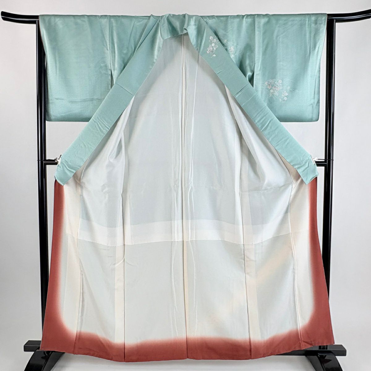 付下 身長161.5cm 袖長65cm M 雙層 花扇子 草花紋紋 金銀彩 漸層 淺綠 純蠶絲 優品級