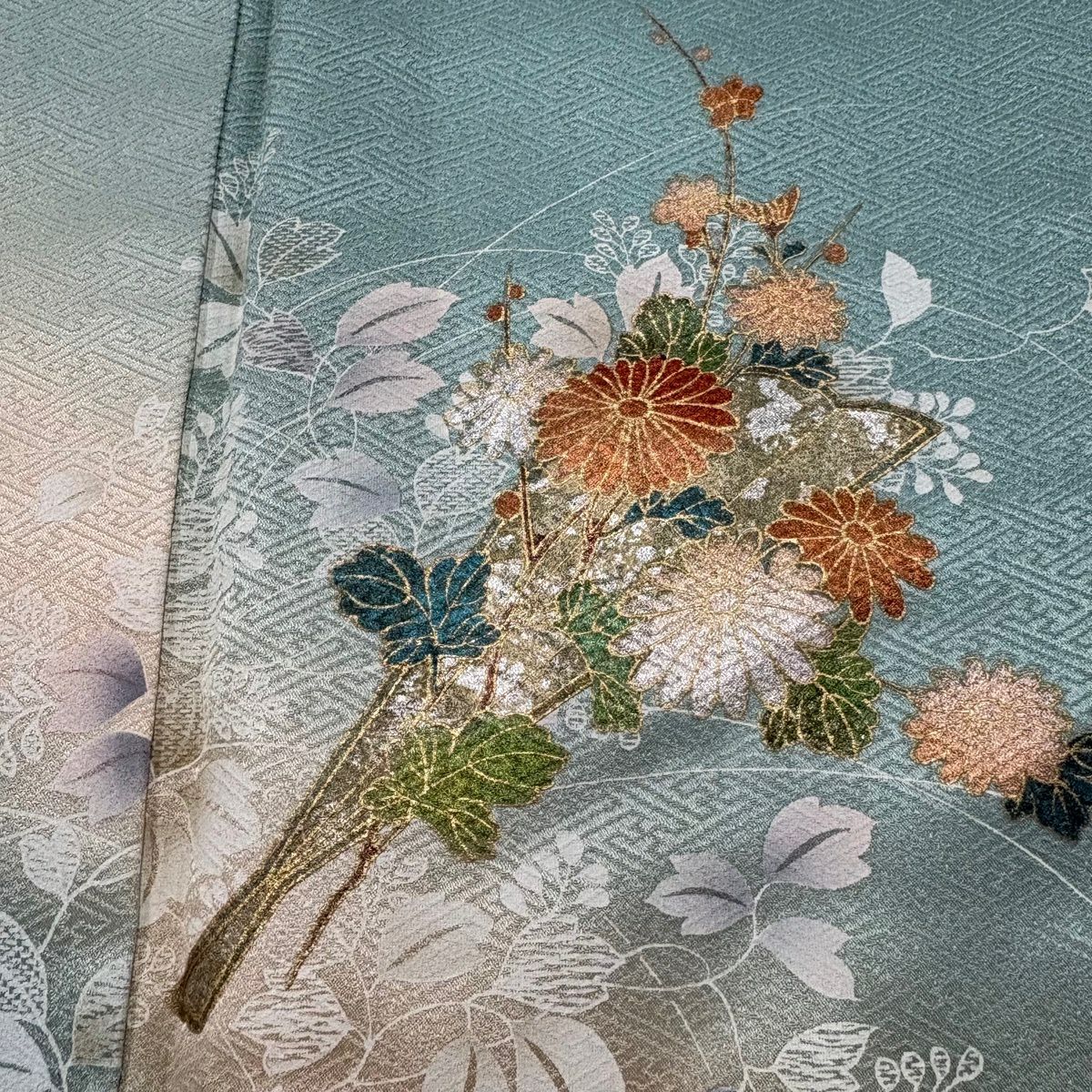 付下 身長161.5cm 袖長65cm M 雙層 花扇子 草花紋紋 金銀彩 漸層 淺綠 純蠶絲 優品級