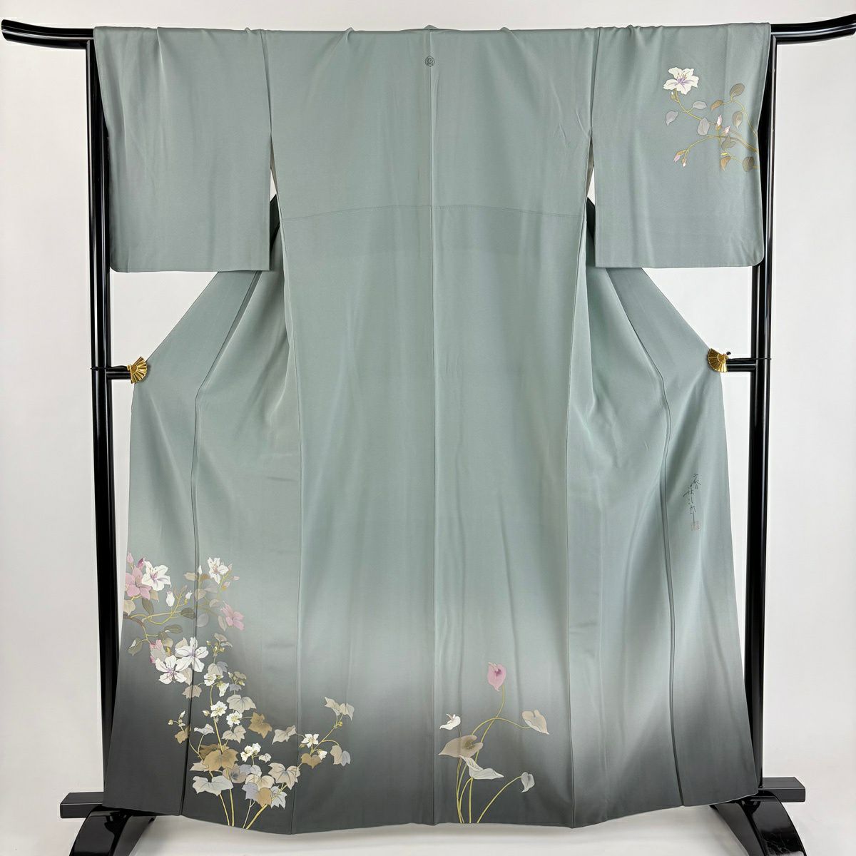 訪問服 身長162cm 袖長67cm M 雙層 二代目清次郎 落款あり 草花紋紋 漸層 灰綠 純蠶絲 秀品級 一つ紋