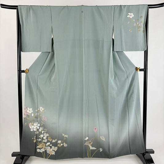 訪問服 身長162cm 袖長67cm M 雙層 二代目清次郎 落款あり 草花紋紋 漸層 灰綠 純蠶絲 秀品級 一つ紋