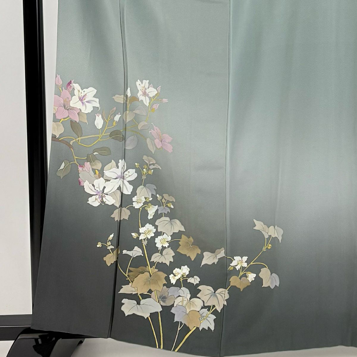訪問服 身長162cm 袖長67cm M 雙層 二代目清次郎 落款あり 草花紋紋 漸層 灰綠 純蠶絲 秀品級 一つ紋