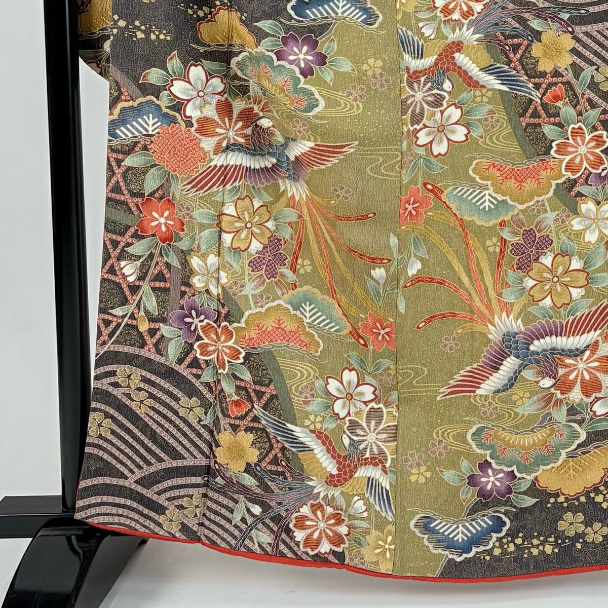 振袖禮服 身長164cm 袖長65.5cm M 雙層 鳳凰 櫻花 金銀彩 拉麵 鶯綠 純蠶絲 秀品級