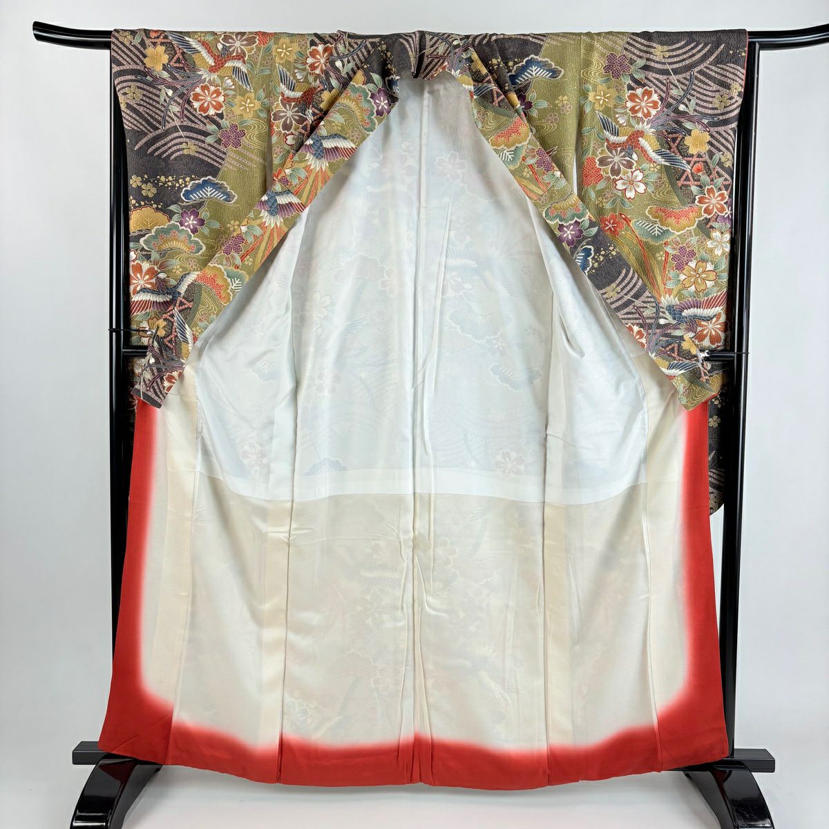 振袖禮服 身長164cm 袖長65.5cm M 雙層 鳳凰 櫻花 金銀彩 拉麵 鶯綠 純蠶絲 秀品級