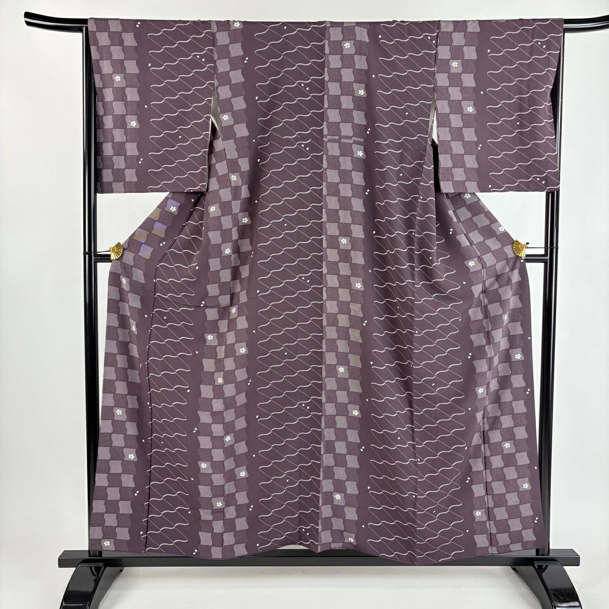 小紋 身長157cm 袖長65.5cm M 雙層 櫻花 變市松樹 紫 純蠶絲 優品級