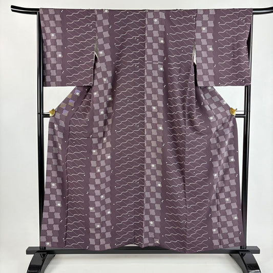 小紋 身長157cm 袖長65.5cm M 雙層 櫻花 變市松樹 紫 純蠶絲 優品級