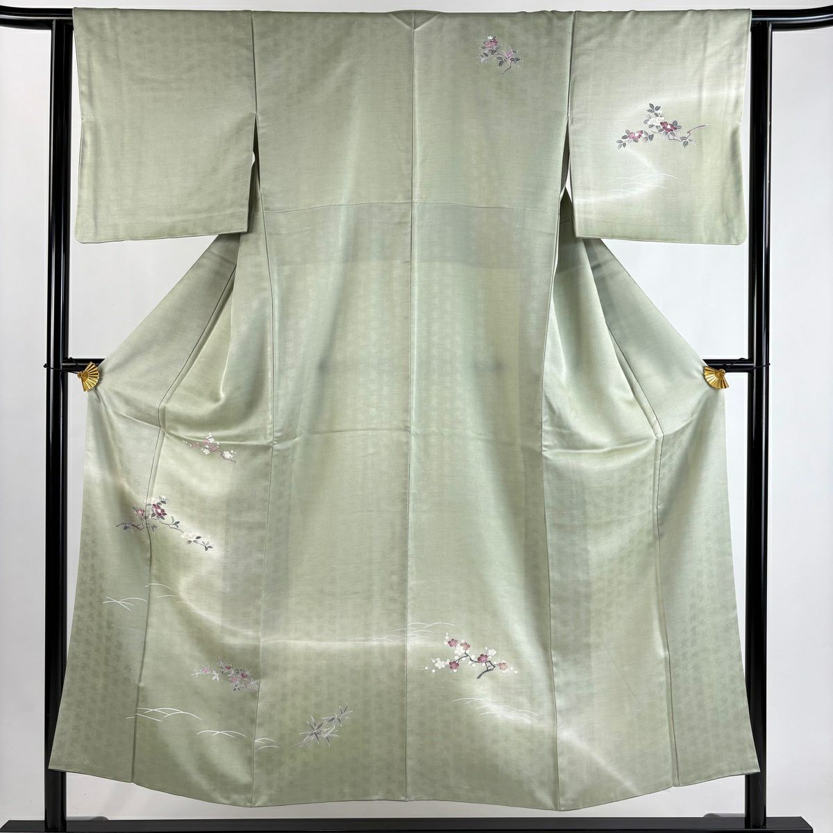 付下 身長151.5cm 袖長62.5cm S 雙層 椿 梅花 漸層 淺綠 化纖 優品級