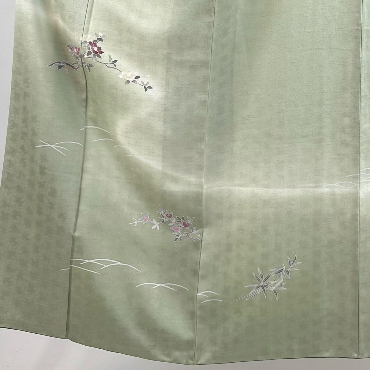 付下 身長151.5cm 袖長62.5cm S 雙層 椿 梅花 漸層 淺綠 化纖 優品級