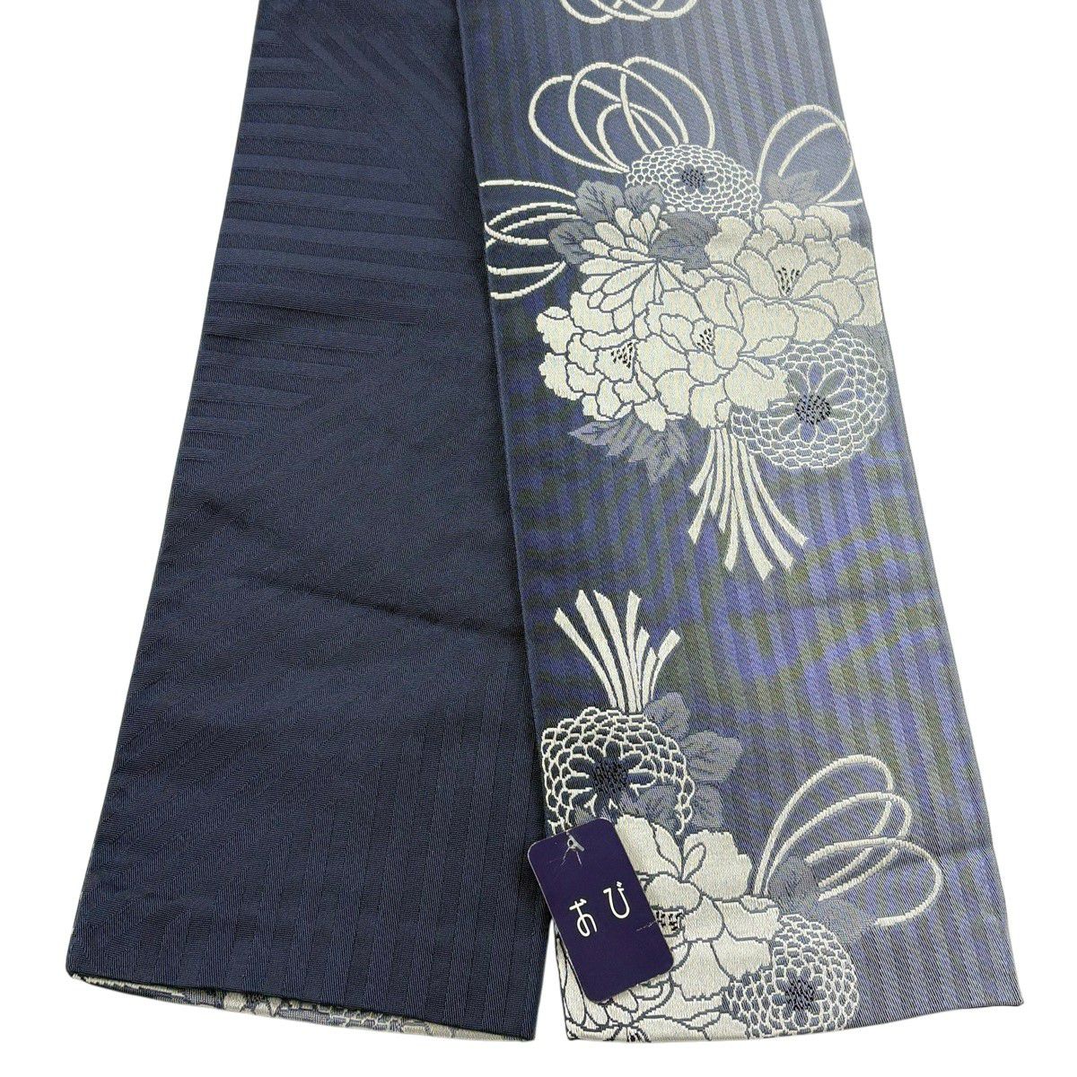 【美品】半幅帶 優品級 花束 牡丹 深藍 化纖