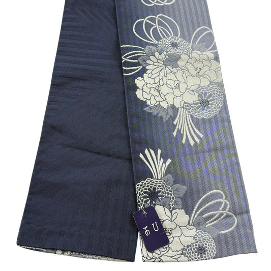 【美品】半幅帶 優品級 花束 牡丹 深藍 化纖