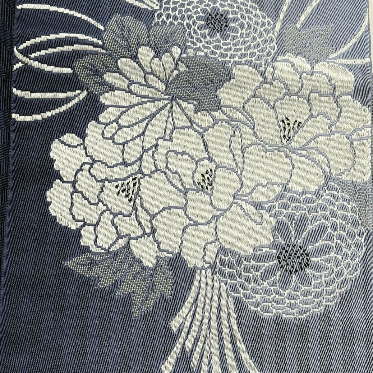【美品】半幅帶 優品級 花束 牡丹 深藍 化纖