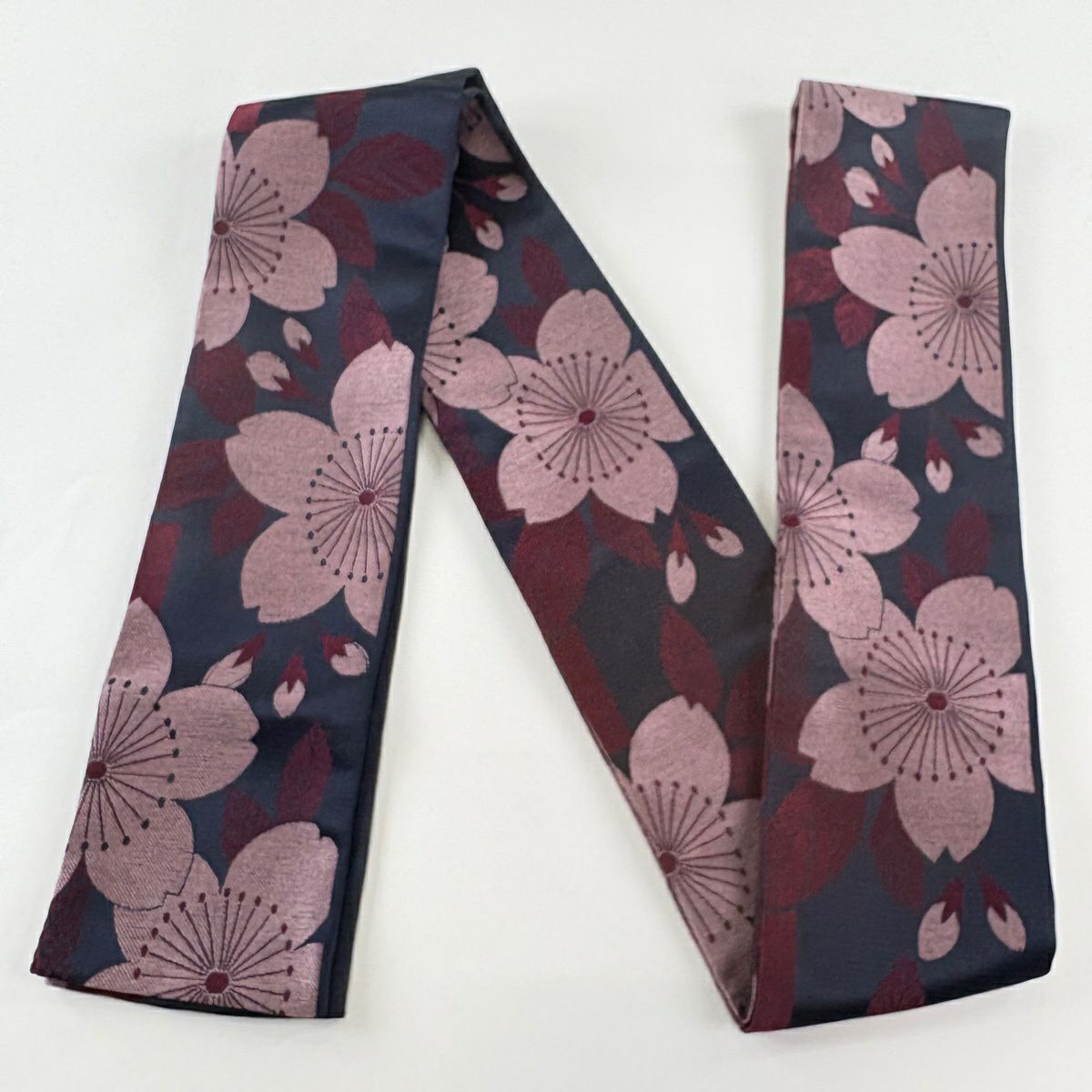 【美品】半幅帶 優品級 櫻花 深藍 化纖