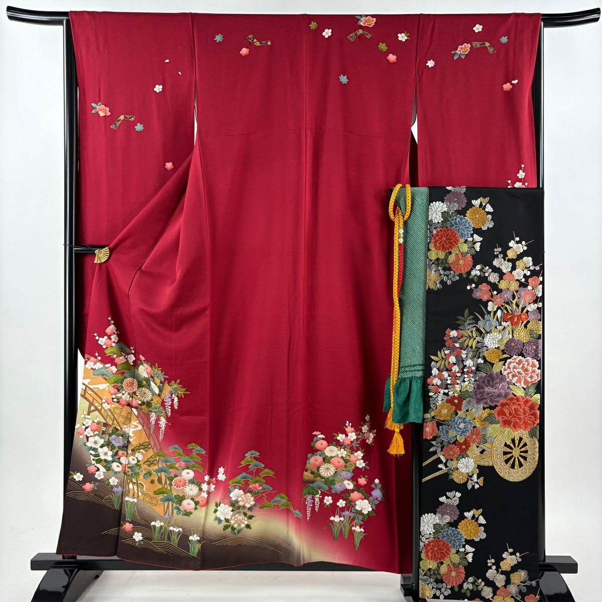 【美品】振袖禮服 身長159cm 袖長66cm M 雙層 袋帶全套 菊花 橋 金銀彩 染分 紅 純蠶絲 秀品級
