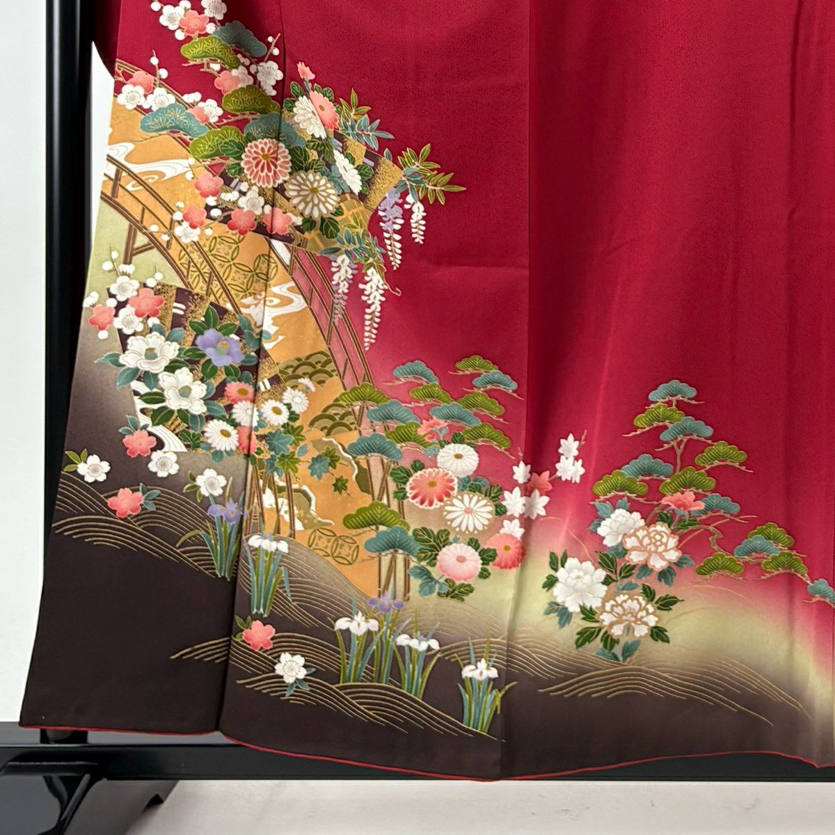 【美品】振袖禮服 身長159cm 袖長66cm M 雙層 袋帶全套 菊花 橋 金銀彩 染分 紅 純蠶絲 秀品級