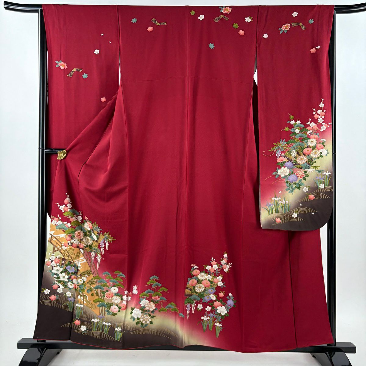 【美品】振袖禮服 身長159cm 袖長66cm M 雙層 袋帶全套 菊花 橋 金銀彩 染分 紅 純蠶絲 秀品級