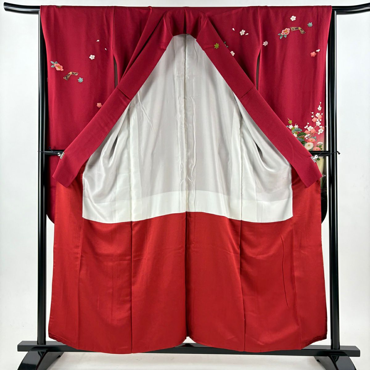 【美品】振袖禮服 身長159cm 袖長66cm M 雙層 袋帶全套 菊花 橋 金銀彩 染分 紅 純蠶絲 秀品級