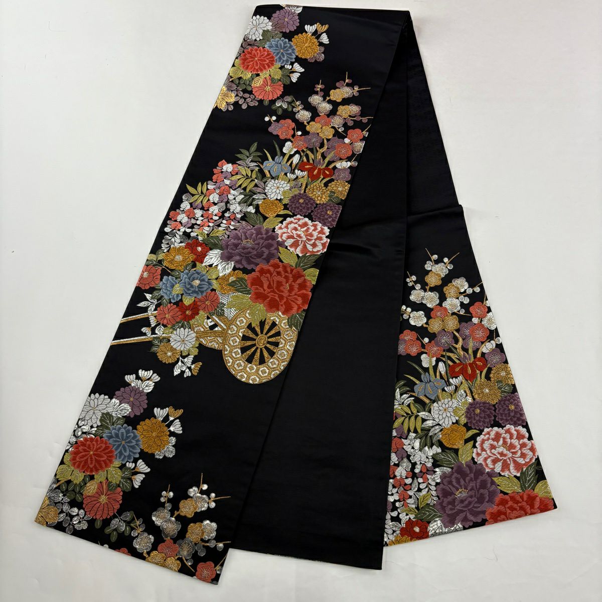 【美品】振袖禮服 身長159cm 袖長66cm M 雙層 袋帶全套 菊花 橋 金銀彩 染分 紅 純蠶絲 秀品級