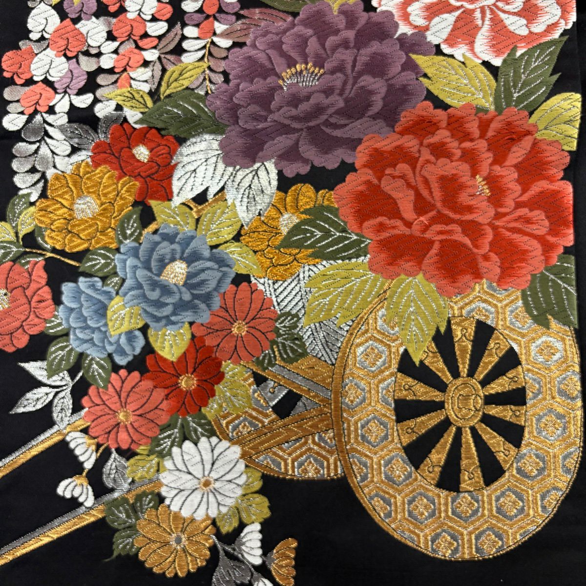 【美品】振袖禮服 身長159cm 袖長66cm M 雙層 袋帶全套 菊花 橋 金銀彩 染分 紅 純蠶絲 秀品級