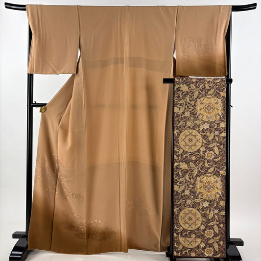 付下 身長166.5cm 袖長67.5cm L 雙層 袋帶套裝 鳳凰 花唐草紋 刺繡 銀線 淺茶 純蠶絲 優品級