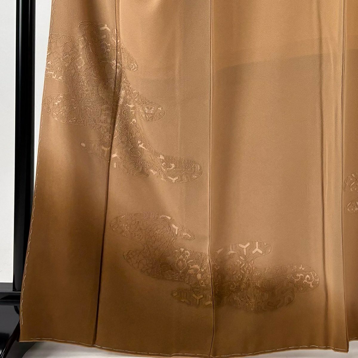 付下 身長166.5cm 袖長67.5cm L 雙層 袋帶套裝 鳳凰 花唐草紋 刺繡 銀線 淺茶 純蠶絲 優品級