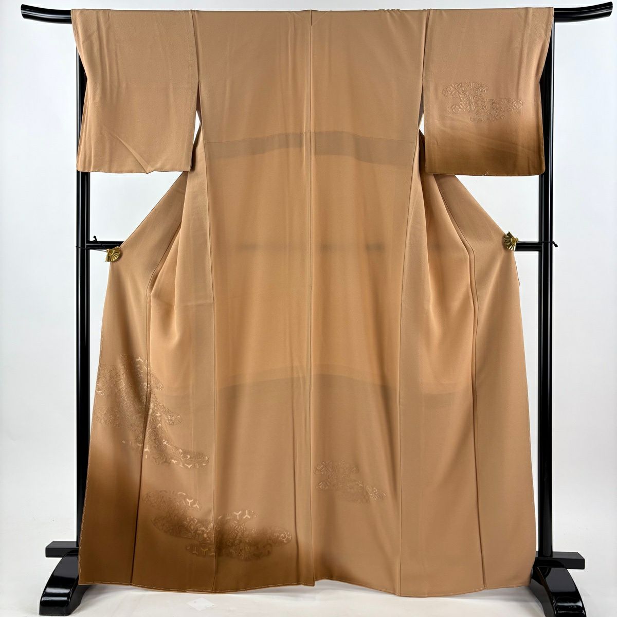 付下 身長166.5cm 袖長67.5cm L 雙層 袋帶套裝 鳳凰 花唐草紋 刺繡 銀線 淺茶 純蠶絲 優品級