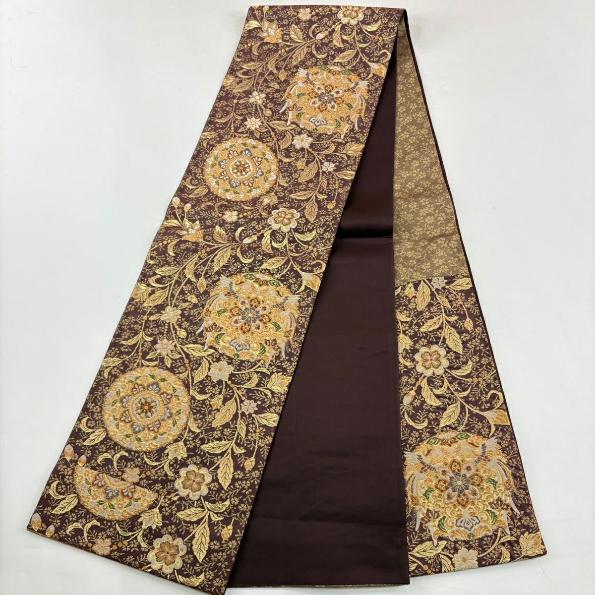 付下 身長166.5cm 袖長67.5cm L 雙層 袋帶套裝 鳳凰 花唐草紋 刺繡 銀線 淺茶 純蠶絲 優品級