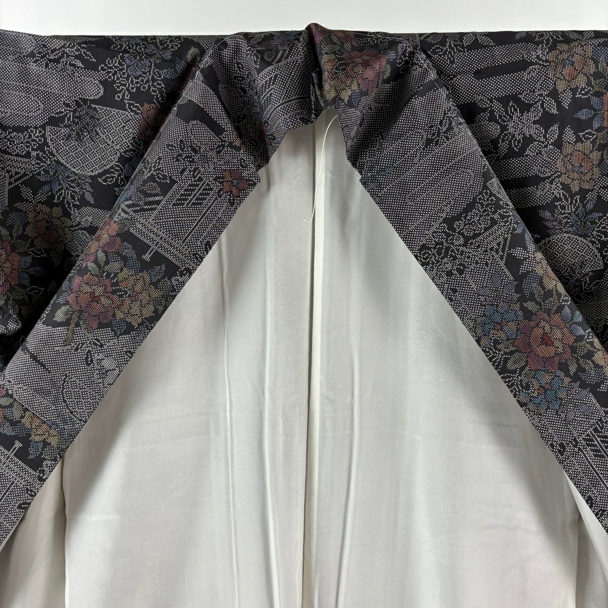 紬織 身長166cm 袖長68cm L 雙層 名古屋帶套裝 草花紋紋 薄霧 黑 純蠶絲 優品級