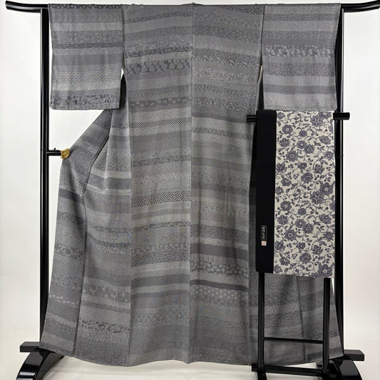 【美品】 江戶小紋 身長162.5cm 袖長64.5cm M 雙層 金田昇 名古屋帶套裝 落款あり 寄せ柄 草花紋 灰 純蠶絲 秀品級