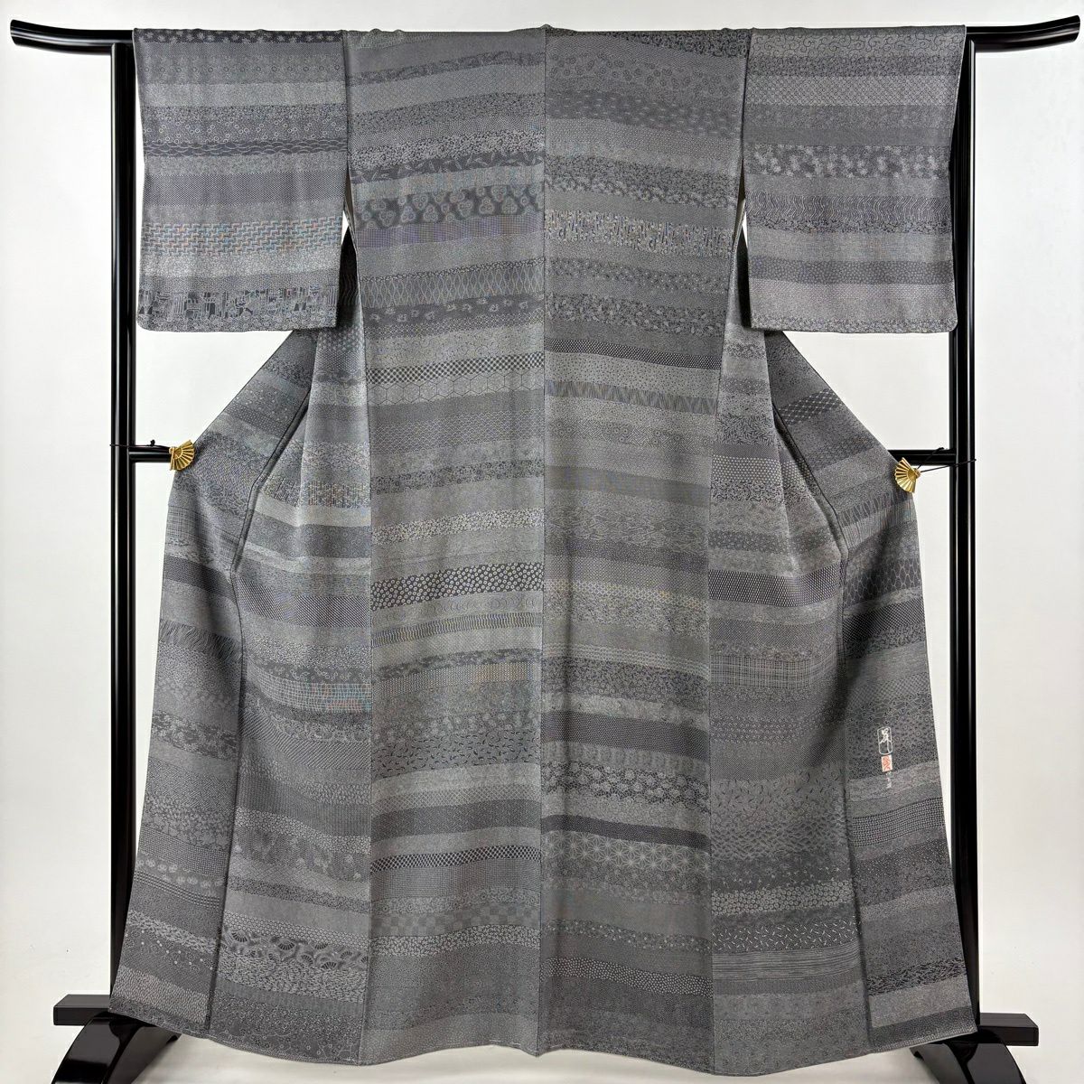 【美品】 江戶小紋 身長162.5cm 袖長64.5cm M 雙層 金田昇 名古屋帶套裝 落款あり 寄せ柄 草花紋 灰 純蠶絲 秀品級