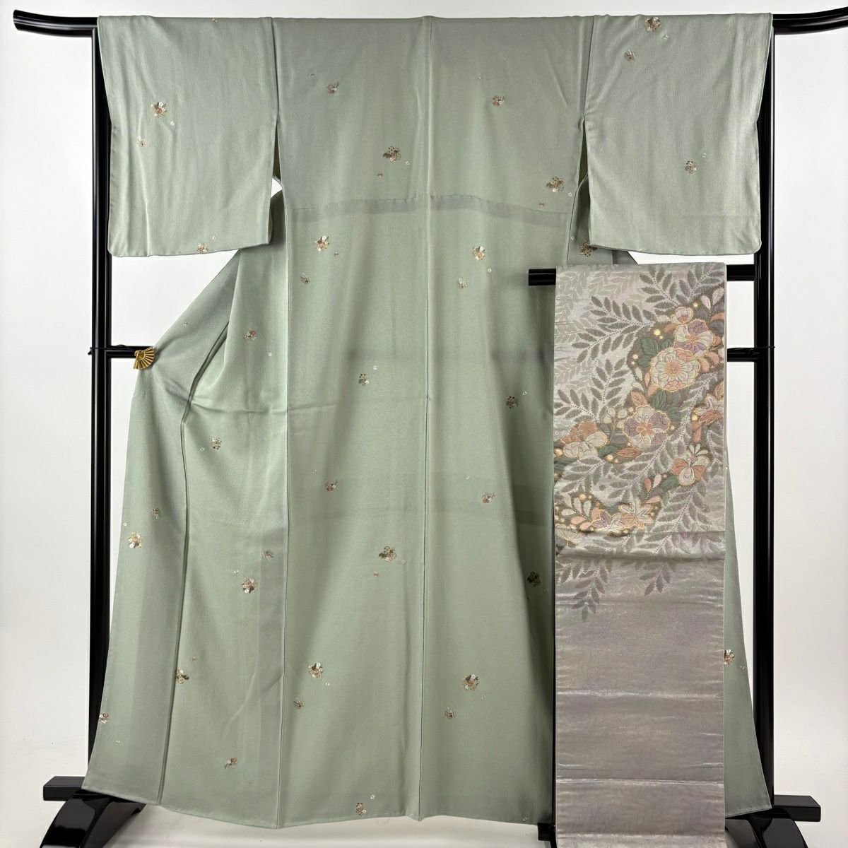 【美品】 小紋 身長162.5cm 袖長66.5cm M 雙層 袋帶套裝 梅花 草花紋刺繡 金絲 淺綠 純蠶絲 優品級