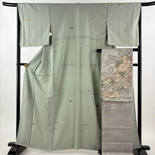 【美品】 小紋 身長162.5cm 袖長66.5cm M 雙層 袋帶套裝 梅花 草花紋刺繡 金絲 淺綠 純蠶絲 優品級