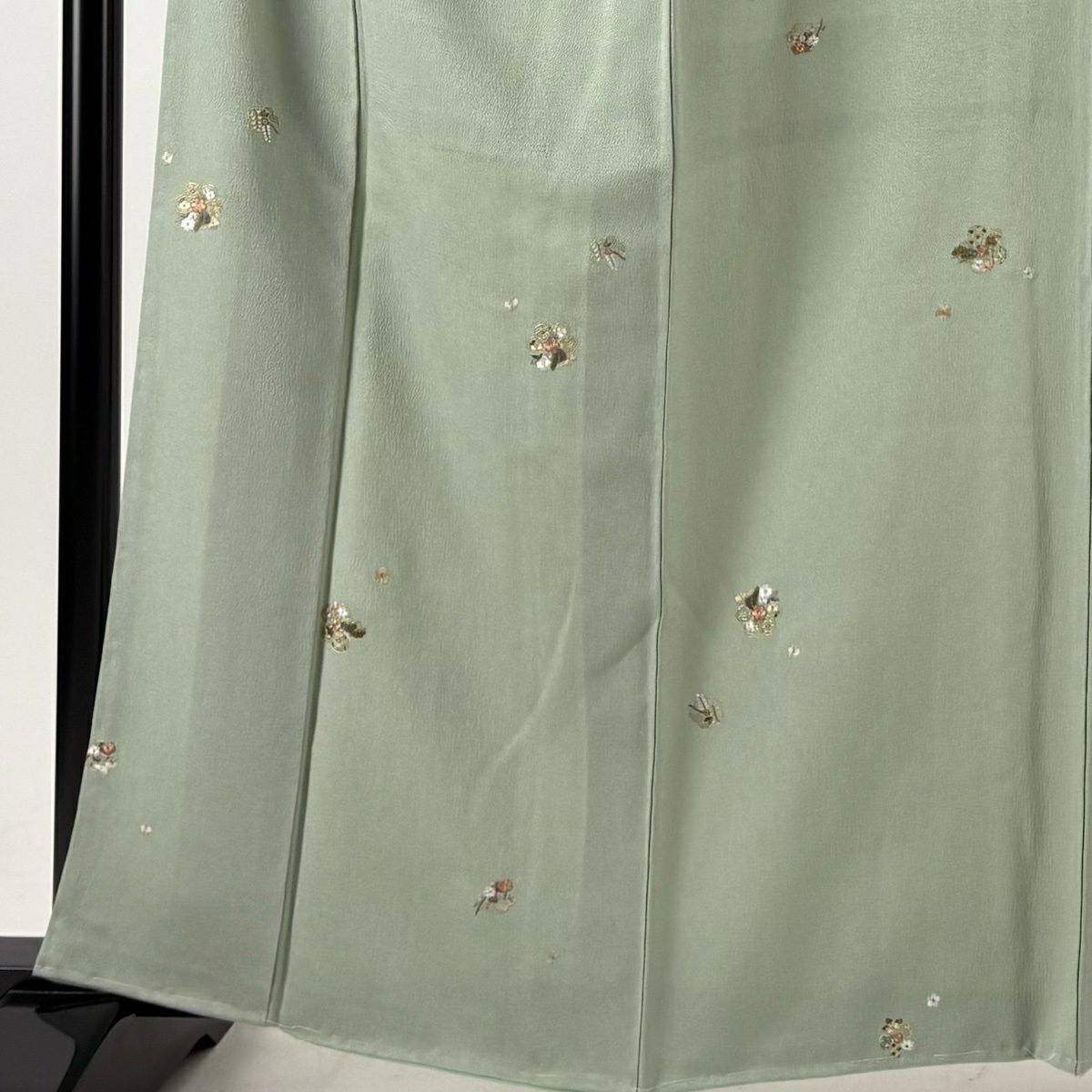 【美品】 小紋 身長162.5cm 袖長66.5cm M 雙層 袋帶套裝 梅花 草花紋刺繡 金絲 淺綠 純蠶絲 優品級