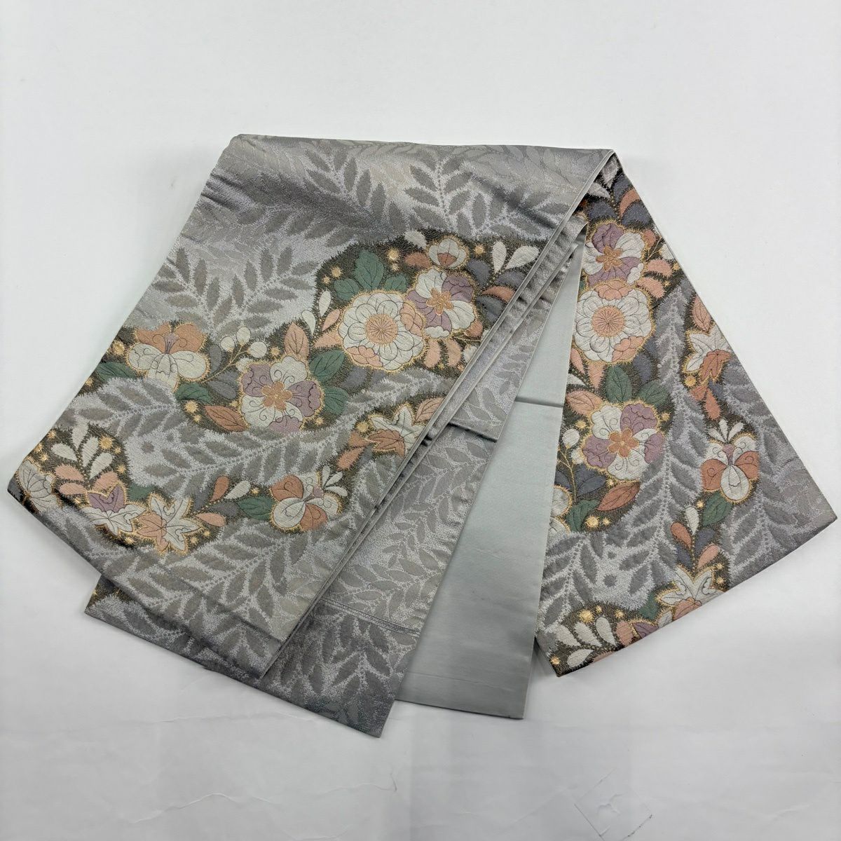 【美品】 小紋 身長162.5cm 袖長66.5cm M 雙層 袋帶套裝 梅花 草花紋刺繡 金絲 淺綠 純蠶絲 優品級