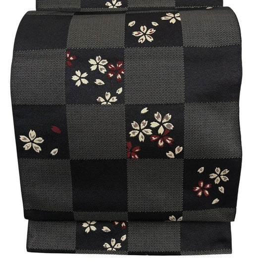 【美品】 袋帶 名古屋帶 優品級櫻花 市松樹 黑 化纖