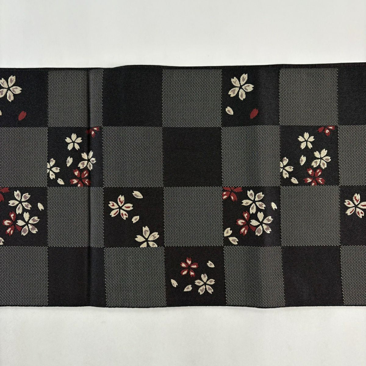 【美品】 袋帶 名古屋帶 優品級櫻花 市松樹 黑 化纖