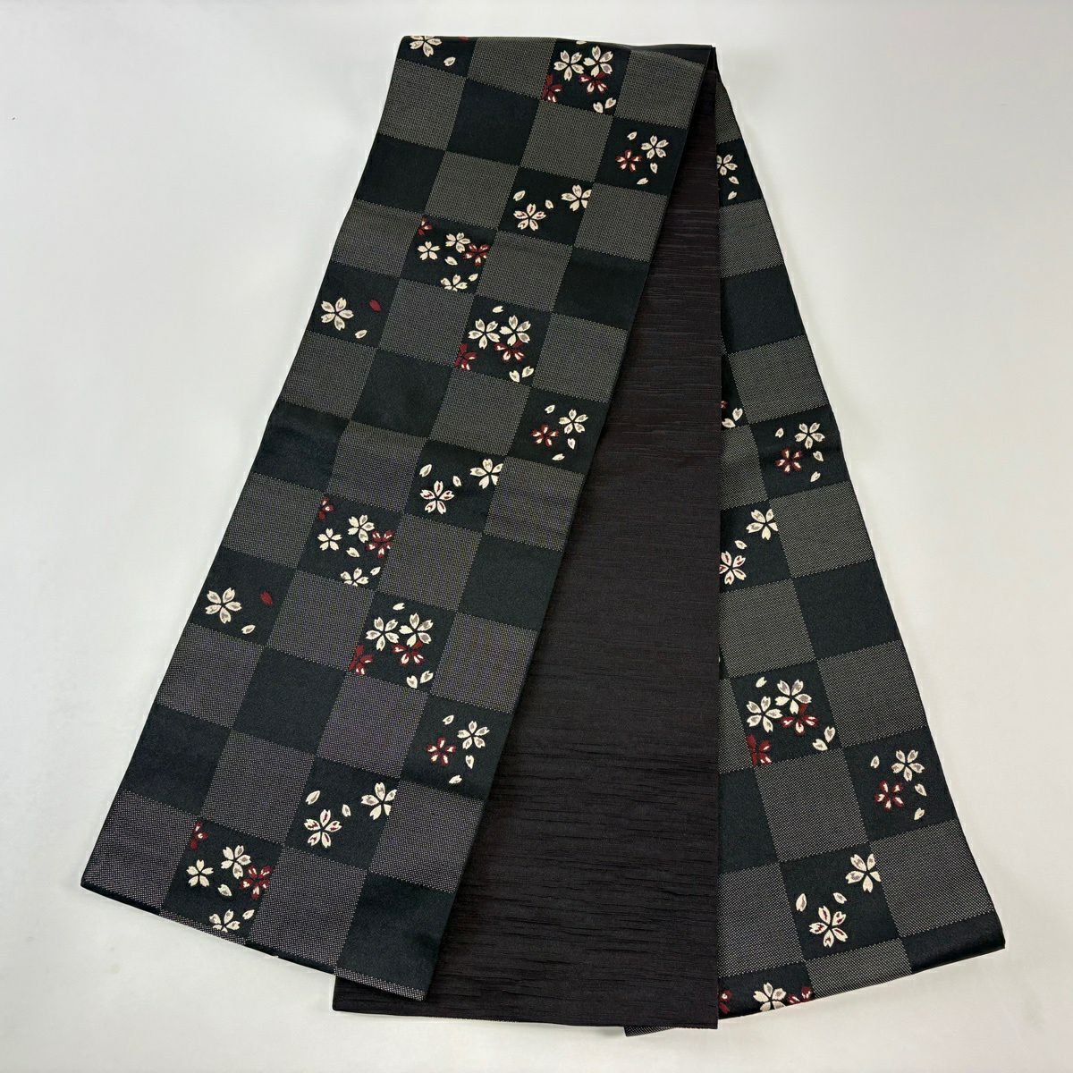 【美品】 袋帶 名古屋帶 優品級櫻花 市松樹 黑 化纖