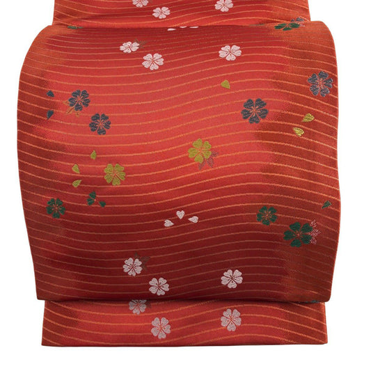【美品】 袋帶 名古屋帶 優品級櫻花波金金箔唐織紅茶 化纖