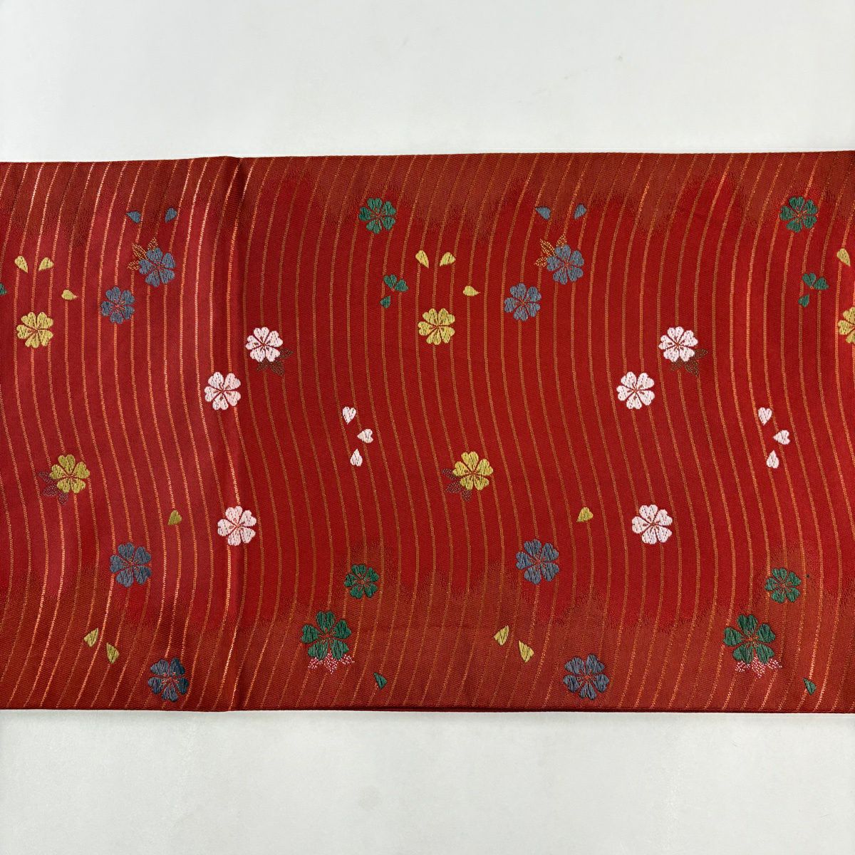 【美品】 袋帶 名古屋帶 優品級櫻花波金金箔唐織紅茶 化纖