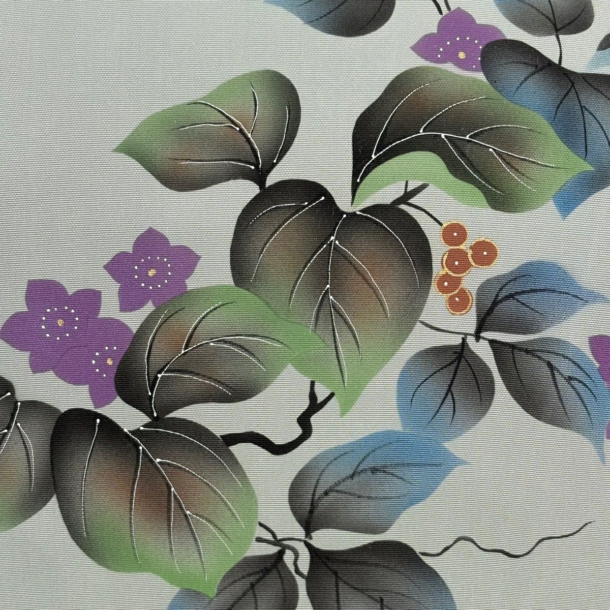 【美品】 名古屋帶 優品級 葉與果 草花紋紋 金彩裝飾 灰綠 純蠶絲