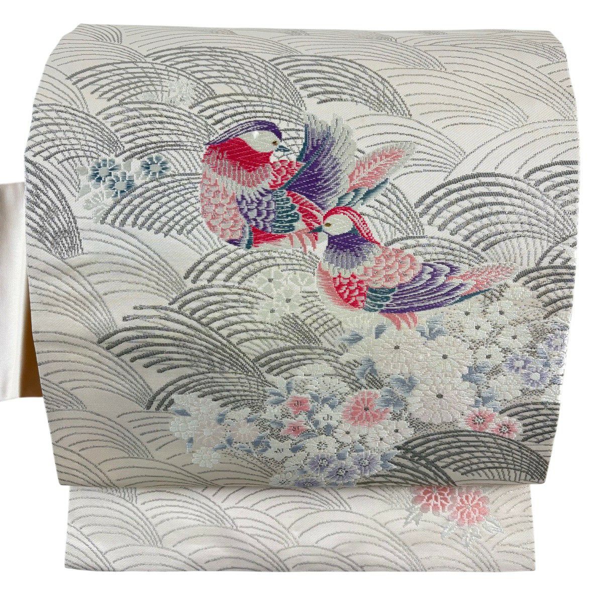【美品】 名古屋帶 優品級 鴛鴦 波 金金箔金銀線 淺粉色 純蠶絲