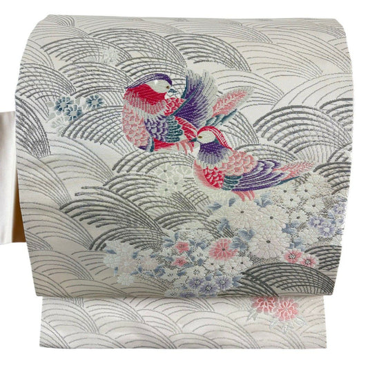 【美品】 名古屋帶 優品級 鴛鴦 波 金金箔金銀線 淺粉色 純蠶絲