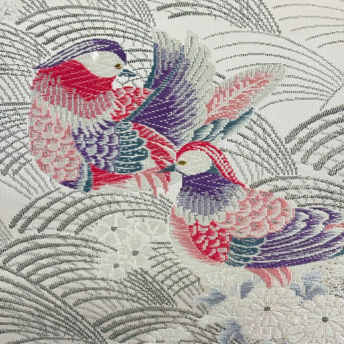 【美品】 名古屋帶 優品級 鴛鴦 波 金金箔金銀線 淺粉色 純蠶絲