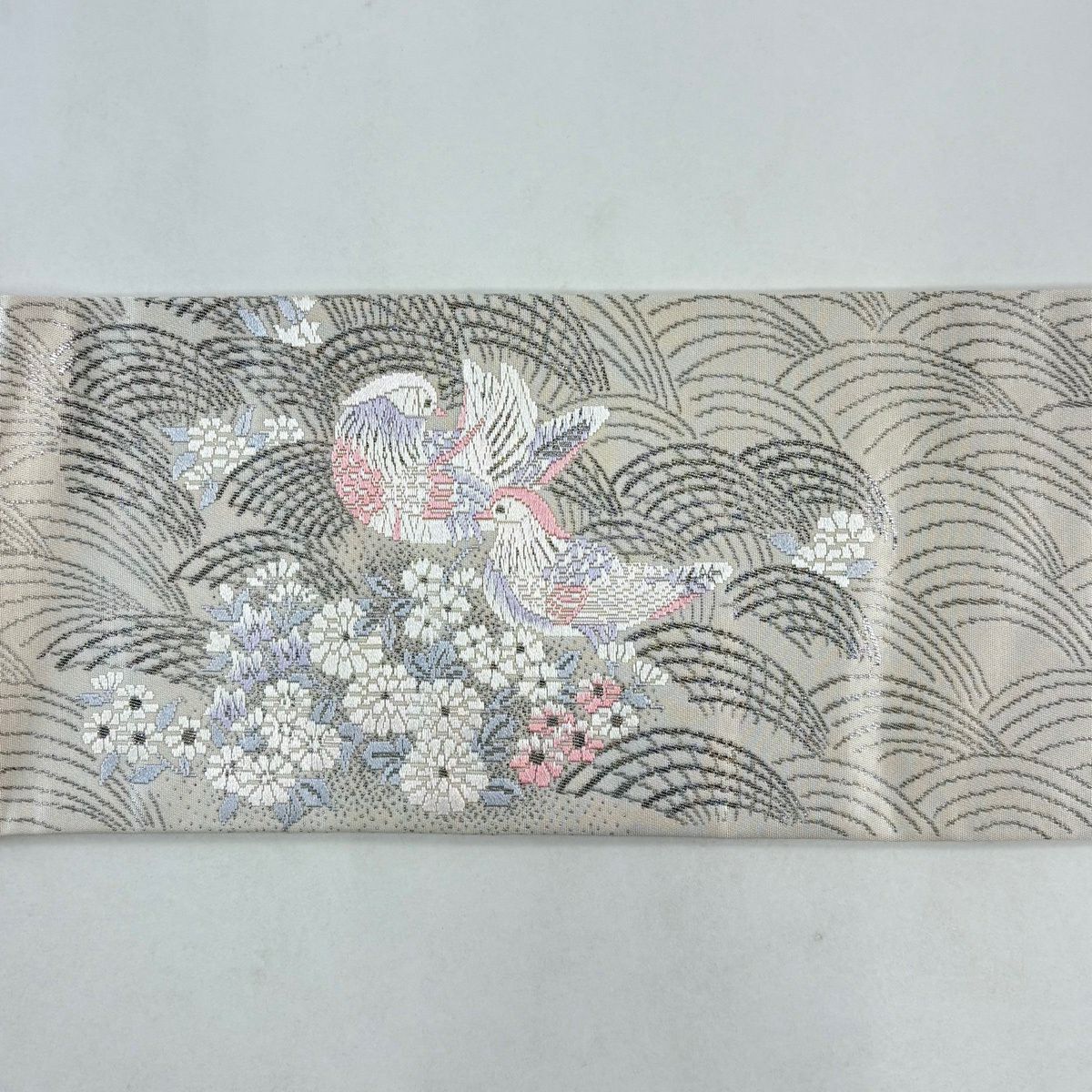 【美品】 名古屋帶 優品級 鴛鴦 波 金金箔金銀線 淺粉色 純蠶絲
