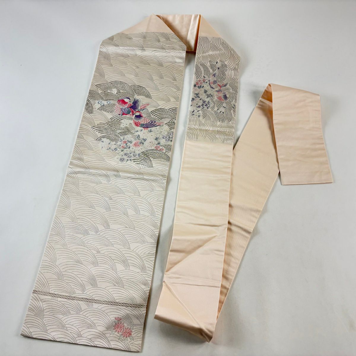 【美品】 名古屋帶 優品級 鴛鴦 波 金金箔金銀線 淺粉色 純蠶絲