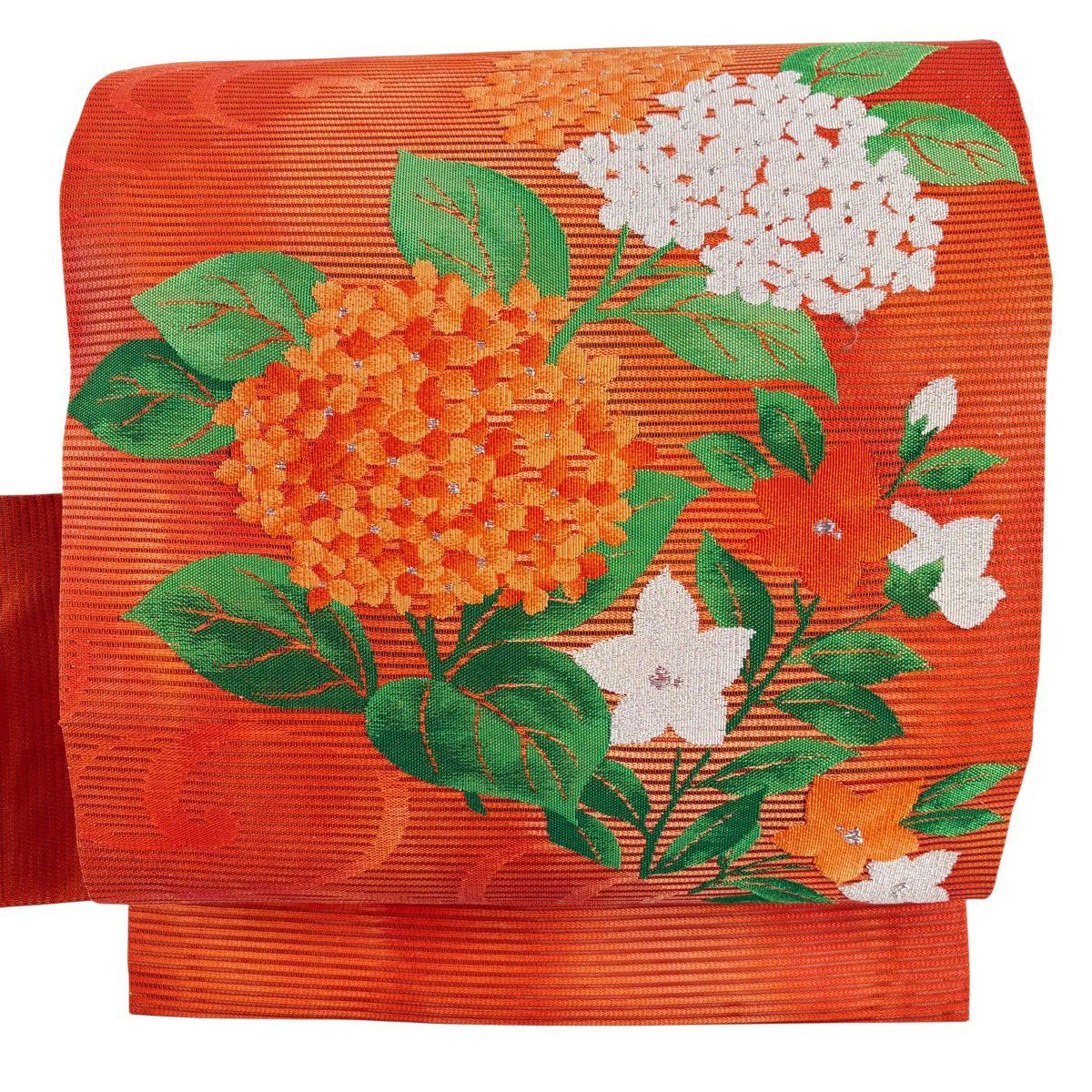 【美品】 名古屋帶 優品級 夏帶 紫陽花 桔梗 金銀彩 橙色 純蠶絲