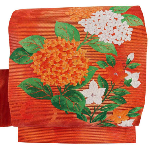 【美品】 名古屋帶 優品級 夏帶 紫陽花 桔梗 金銀彩 橙色 純蠶絲